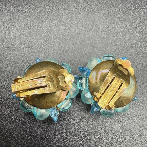 Vintage West Germany Signed 1950s Blue Cluster Earrings - Clip On - Picture 8 of 10